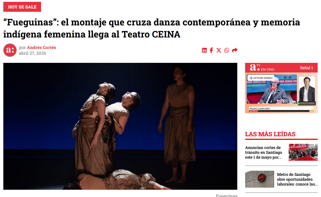 «FUEGUINAS»: El montaje que cruza danza contemporánea y memoria indígena femenina llega a Teatro CEINA.